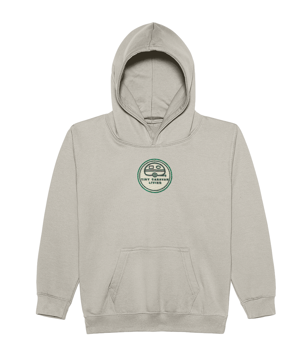 Tiny Caravan Living Kids’ Adventure Hoodie in natural stone with embroidered Signature badge