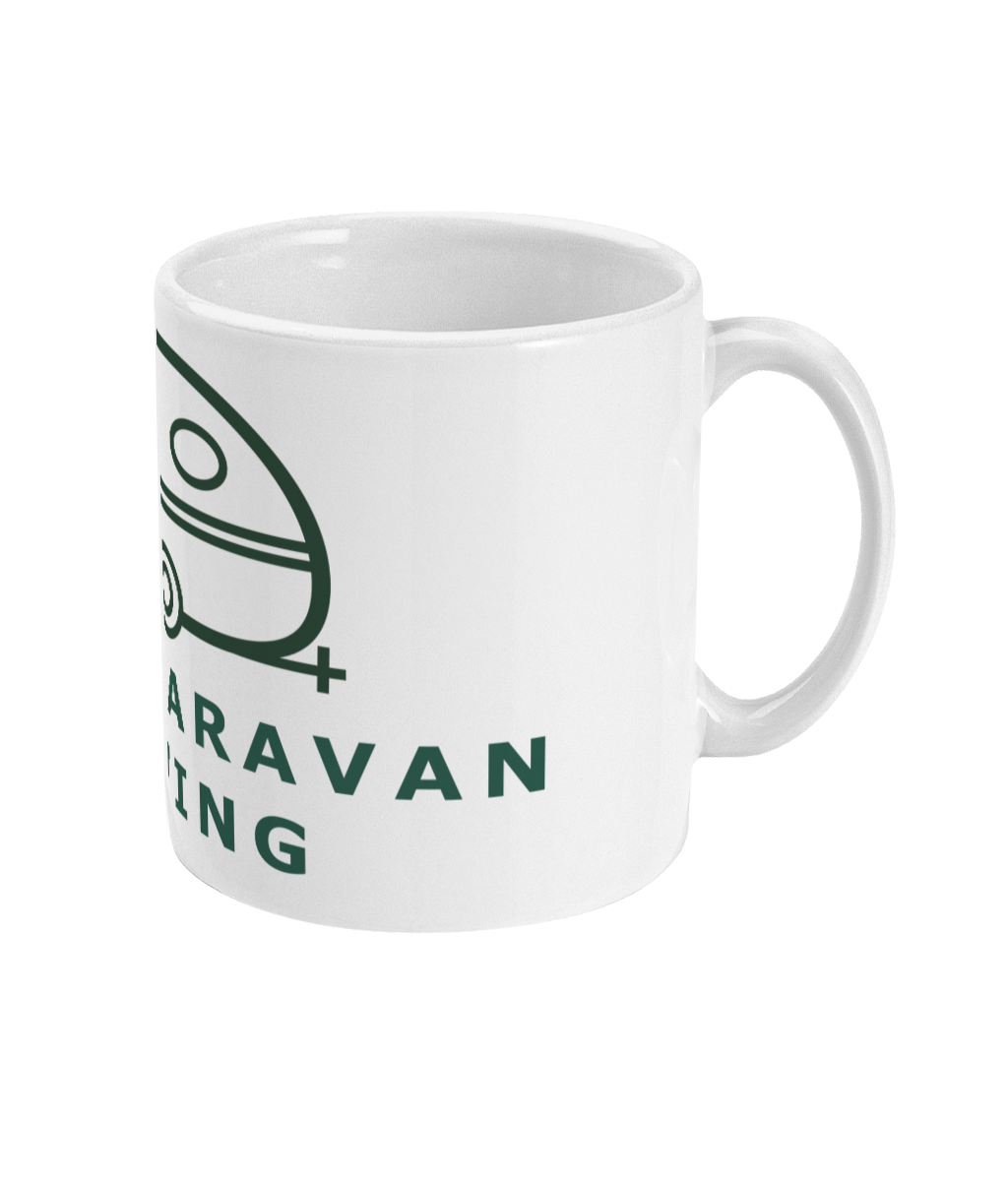 White Tiny Caravan Living logo ceramic mug with handle on the right