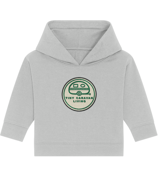 Tiny Caravan Living Signature Baby Hoodie in Heather Grey with embroidered badge