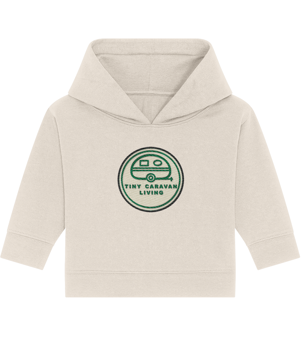 Tiny Caravan Living Signature Baby Hoodie in Natural Raw with embroidered badge
