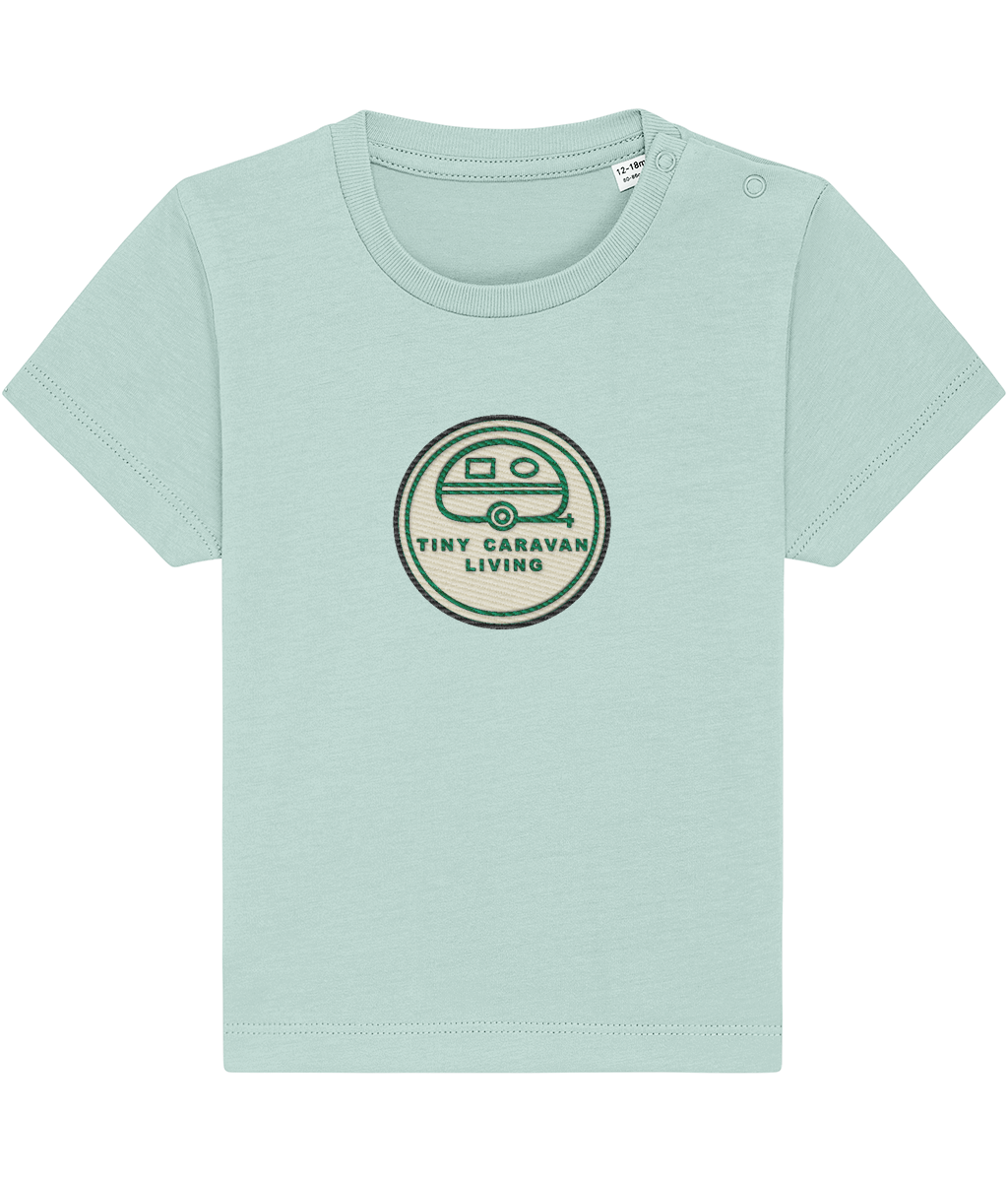Tiny Caravan Living Signature Baby T-Shirt in Caribbean Blue with embroidered badge