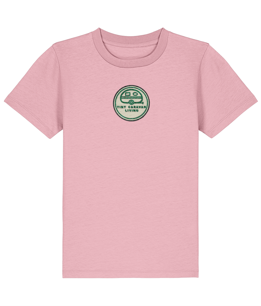 Tiny Caravan Living Signature Kids’ T-Shirt in Cotton Pink with embroidered badge