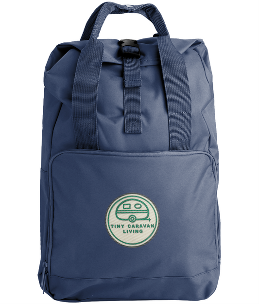 Tiny Caravan Living Signature Roll-Top Backpack in Navy Dusk with embroidered signature badge