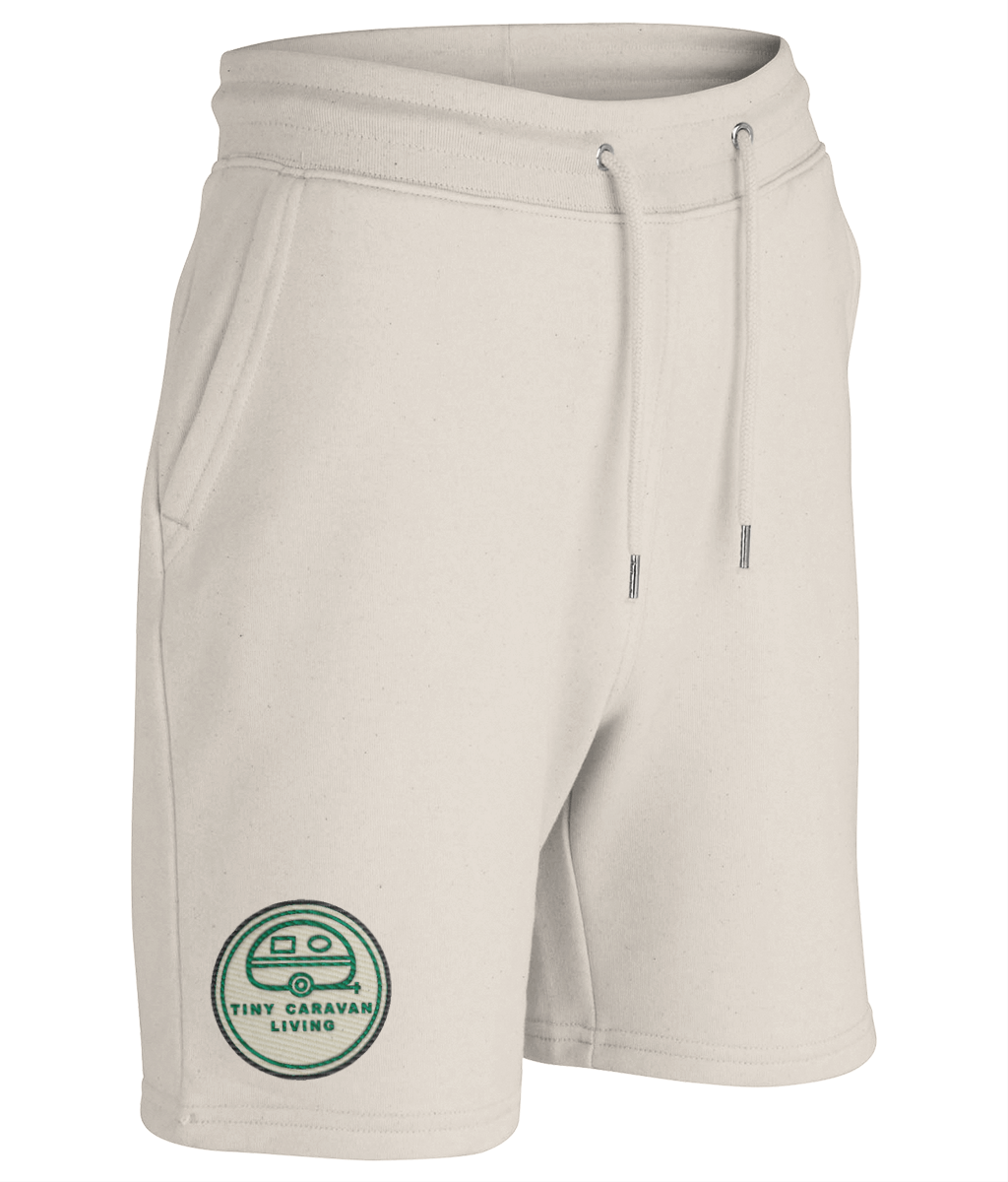 Tiny Caravan Living Signature Shorts in Natural Raw with embroidered badge on the leg