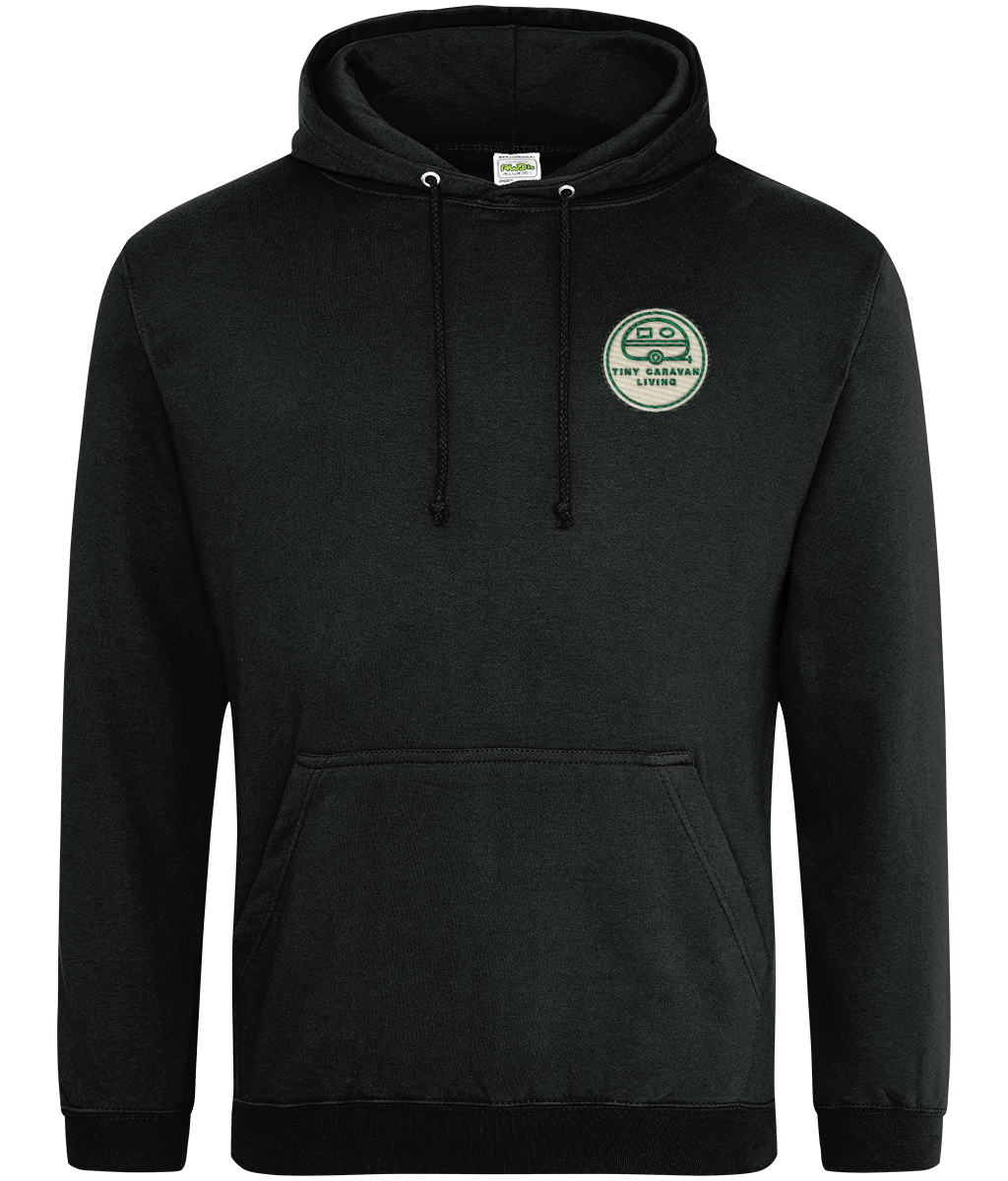 Close-up of the printed Tiny Caravan Living design on the Black Adventure Hoodie