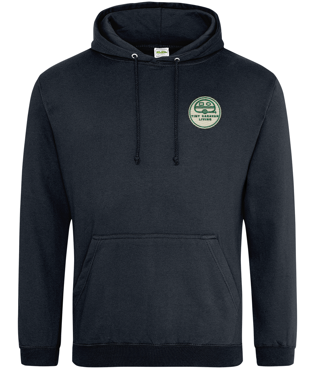 Close-up of the printed Tiny Caravan Living design on the French Navy Adventure Hoodie