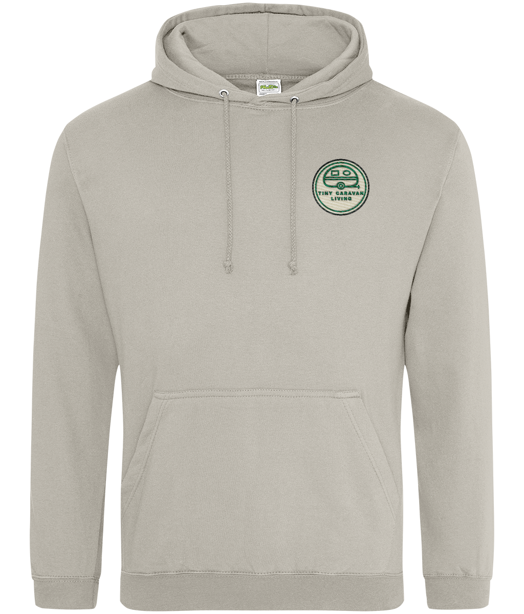 Close-up of the printed Tiny Caravan Living design on the Natural Stone Adventure Hoodie
