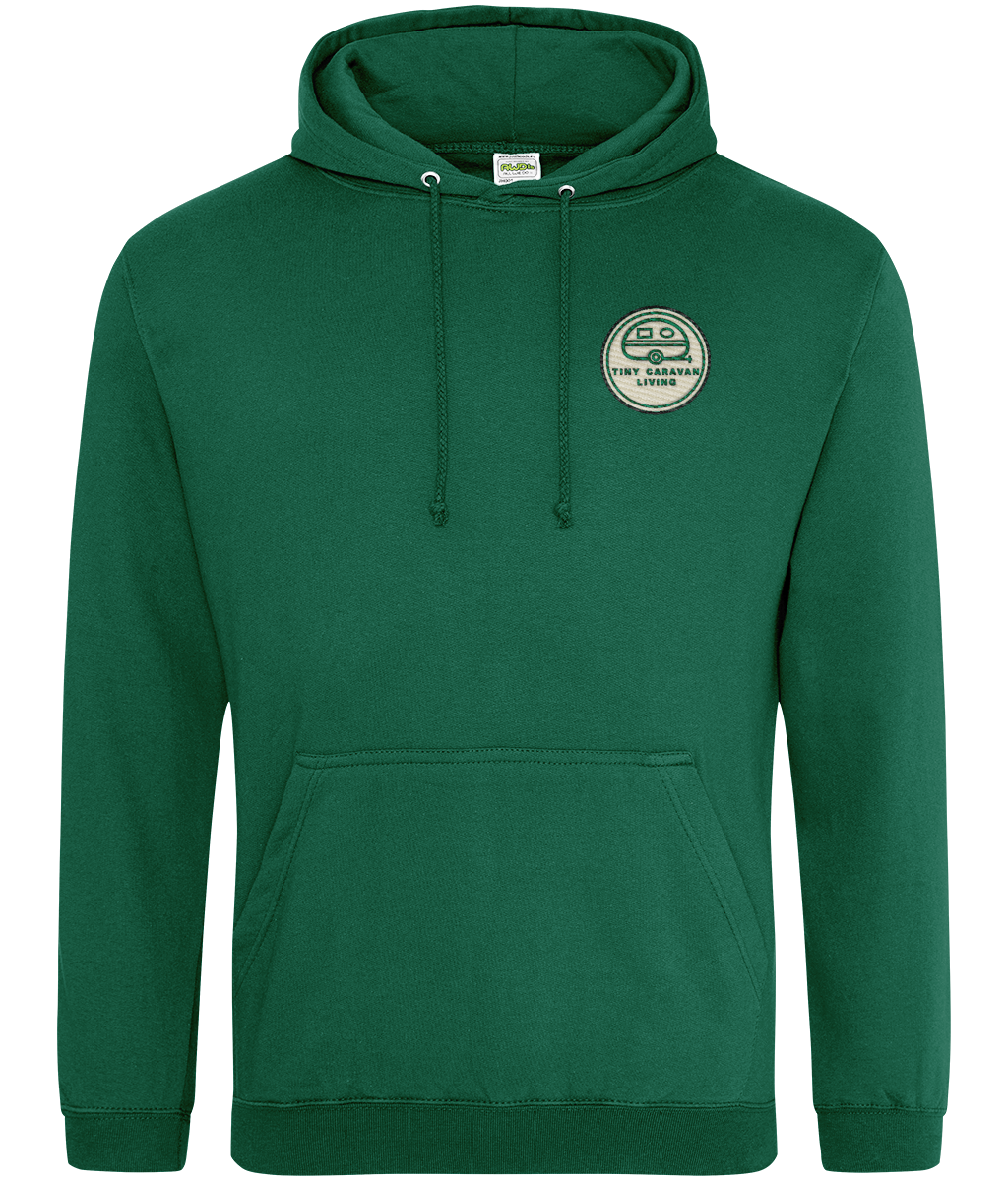 Close-up of the printed Tiny Caravan Living design on the Rainforest Green Adventure Hoodie