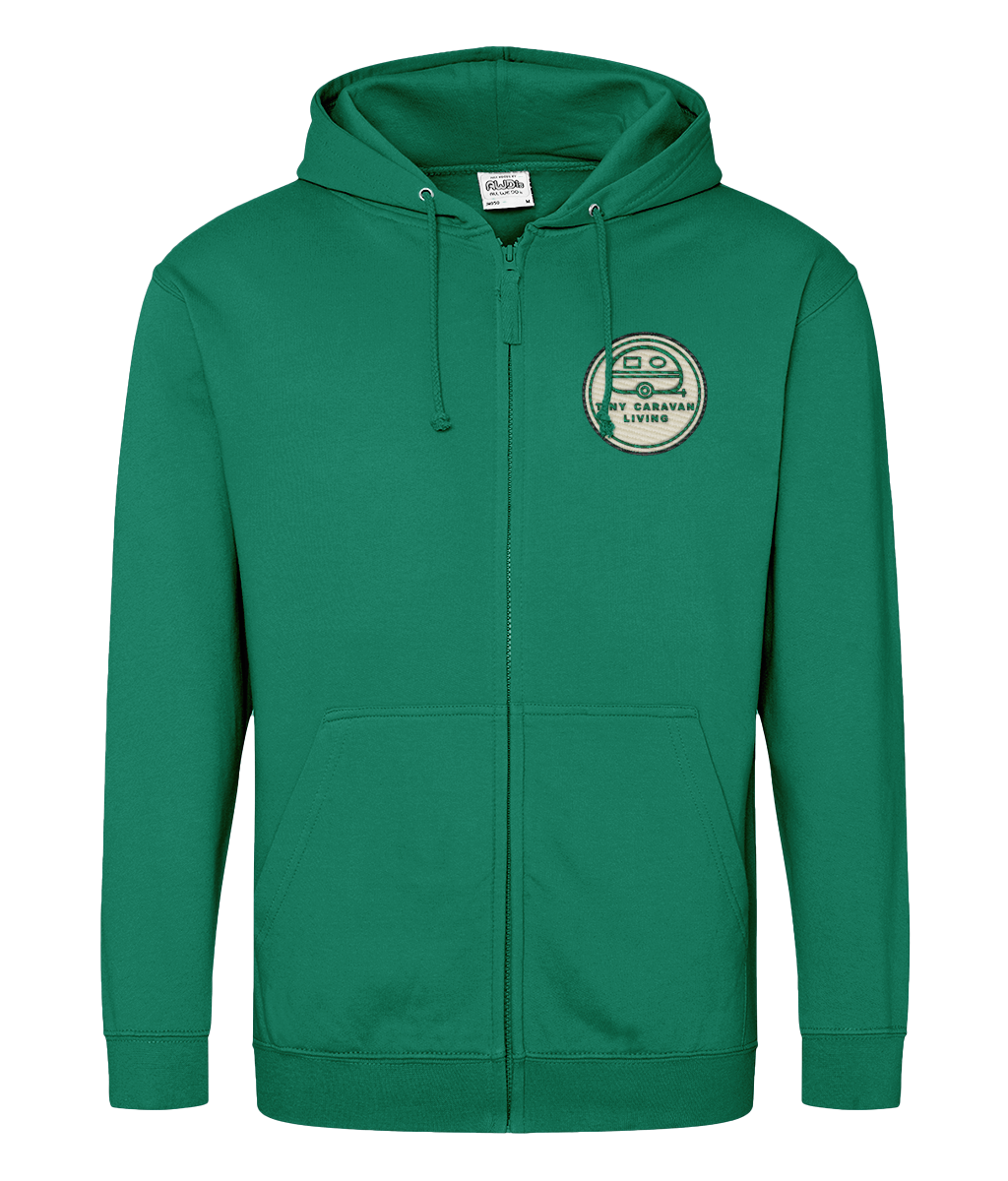 Tiny Caravan Living Adventure Zip Hoodie in Forest Green with embroidered badge