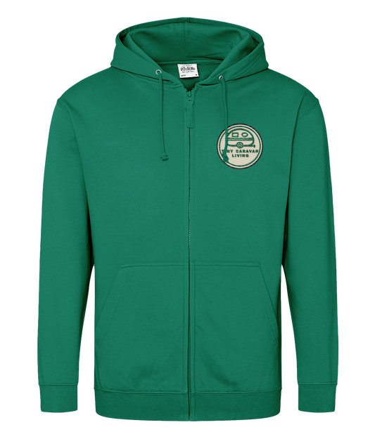 Tiny Caravan Living Adventure Zip Hoodie in Forest Green with embroidered badge