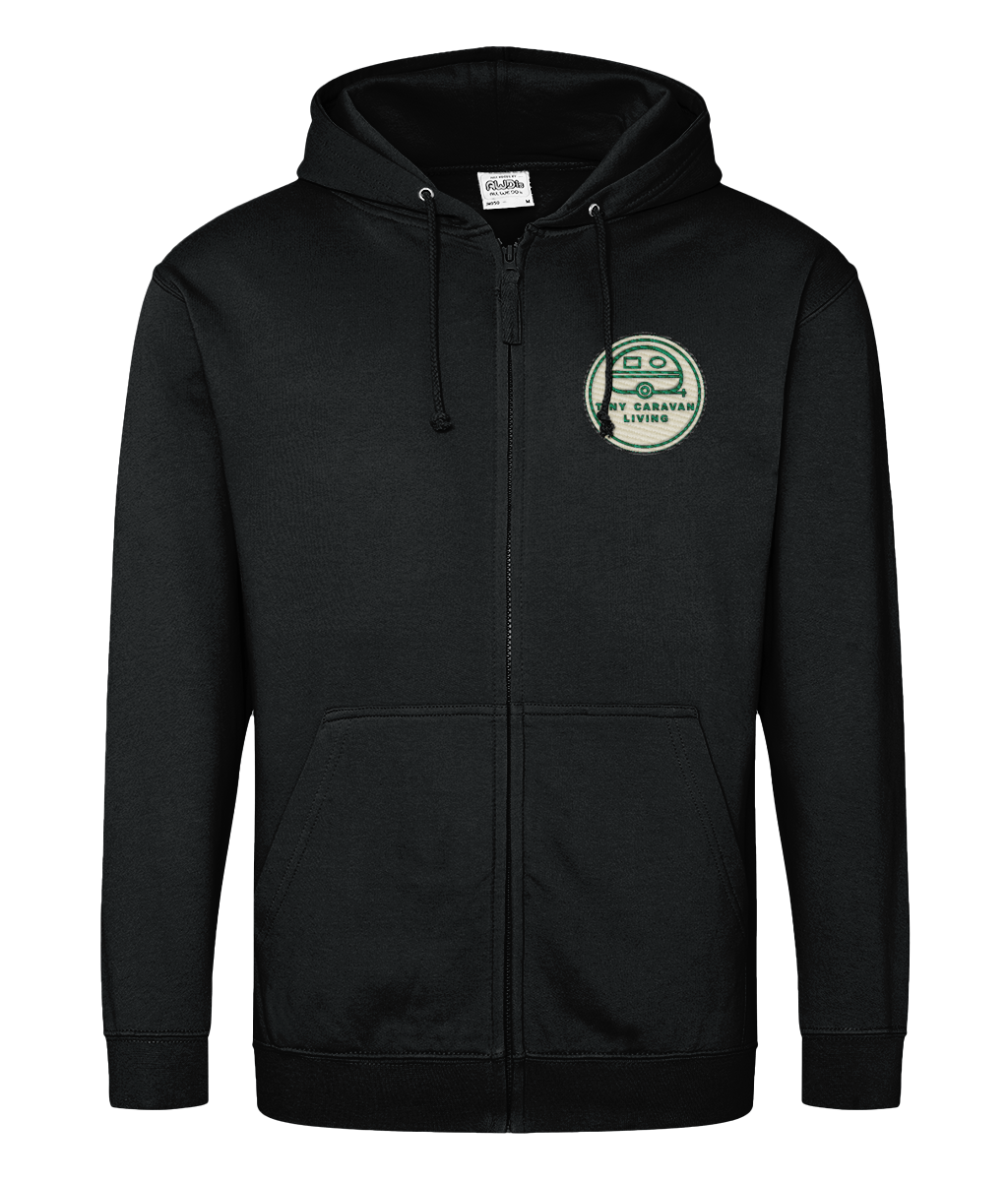 Tiny Caravan Living Adventure Zip Hoodie in Jet Black with embroidered badge