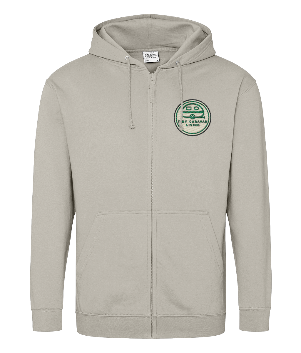 Tiny Caravan Living Adventure Zip Hoodie in Natural Stone with embroidered badge