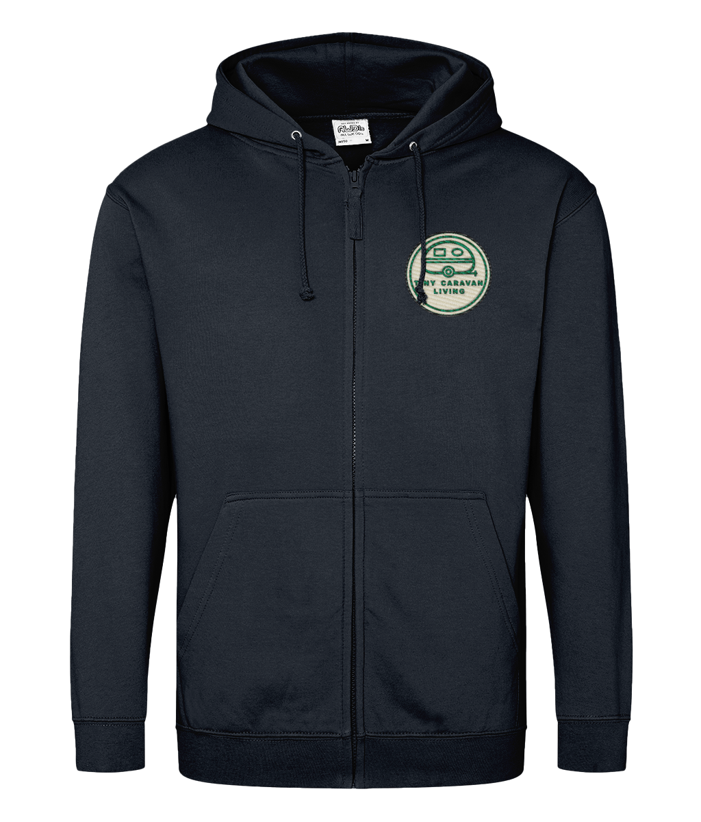 Tiny Caravan Living Adventure Zip Hoodie in New French Navy with embroidered badge