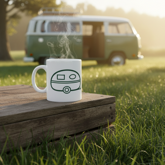 Tiny Caravan Living Caravan Green Icon ceramic mug with a campervan background