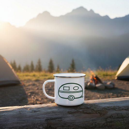 Tiny Caravan Living Caravan Icon enamel mug at a mountain campsite