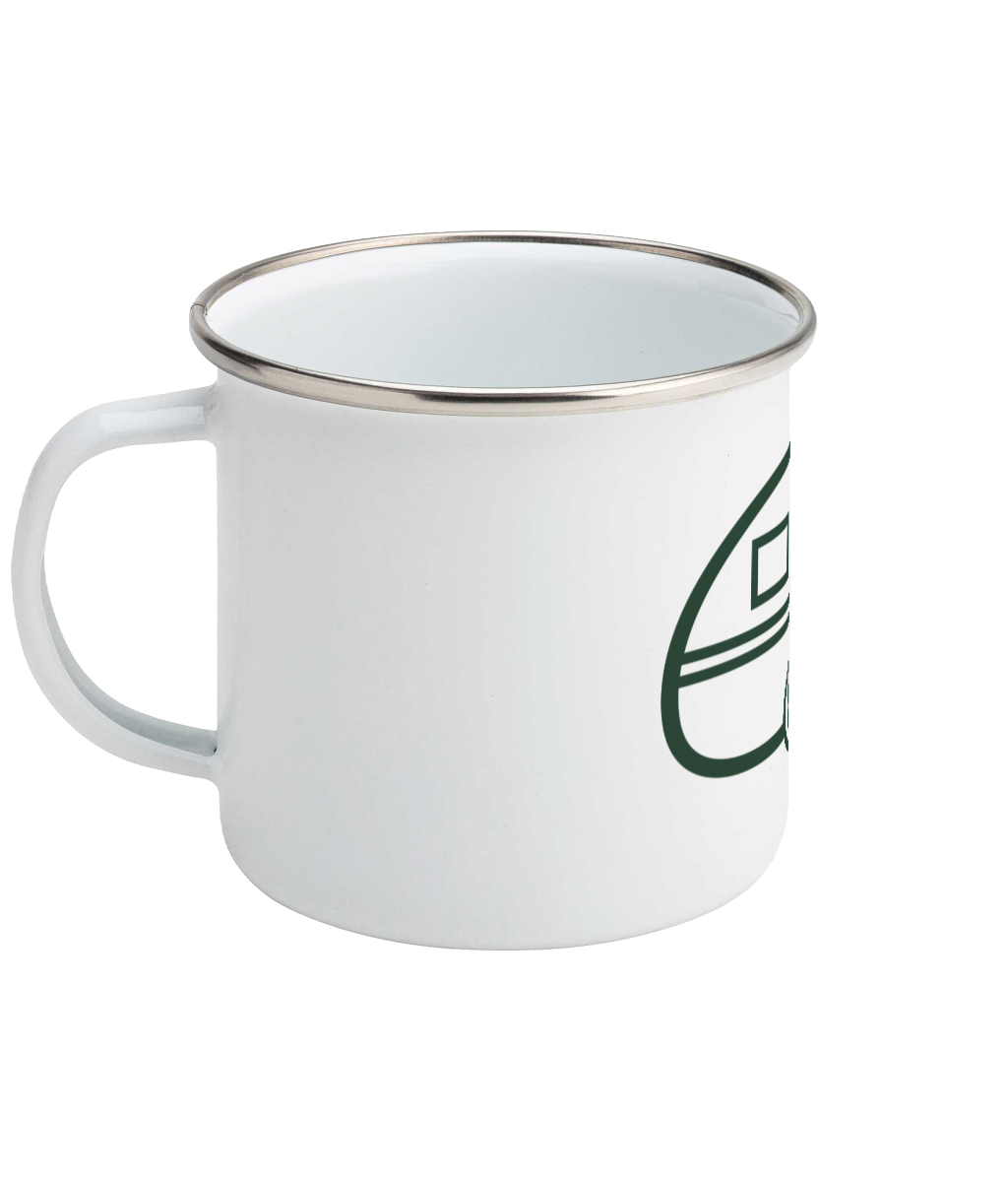 White Tiny Caravan Living Caravan Icon enamel mug with handle on the left