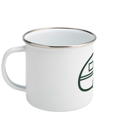 White Tiny Caravan Living Caravan Icon enamel mug with handle on the left