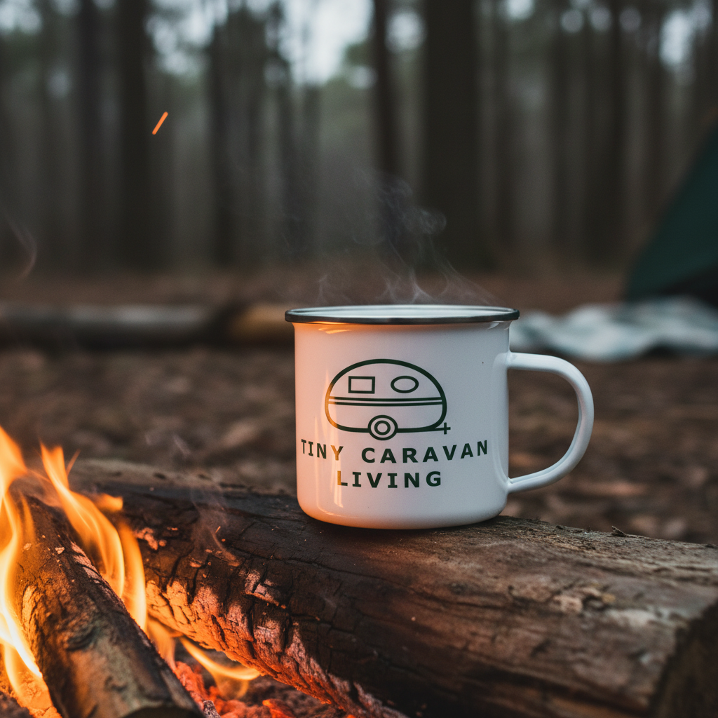 Green Tiny Caravan Living caravan logo on an enamel mug around a campfire setting