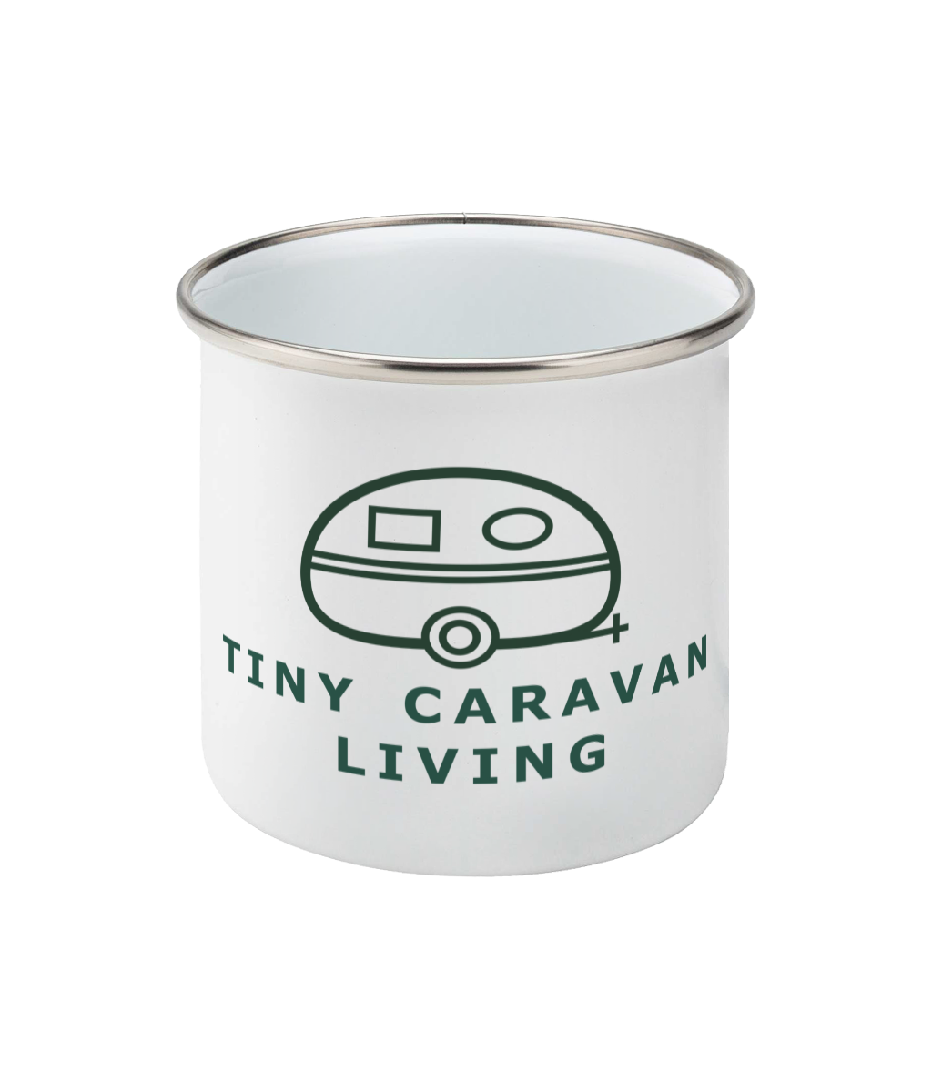 White Tiny Caravan Living Caravan logo enamel mug – front view