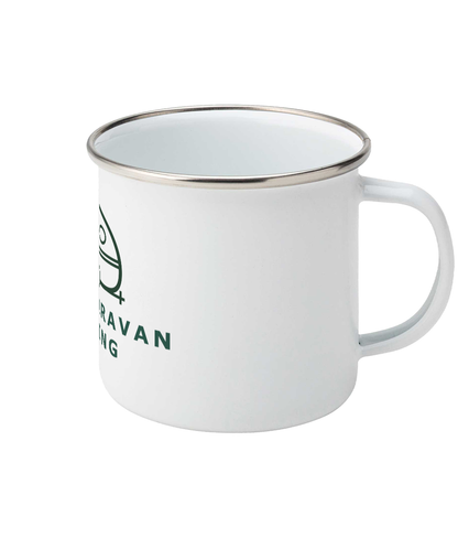 White Tiny Caravan Living Caravan logo enamel mug with handle on the right