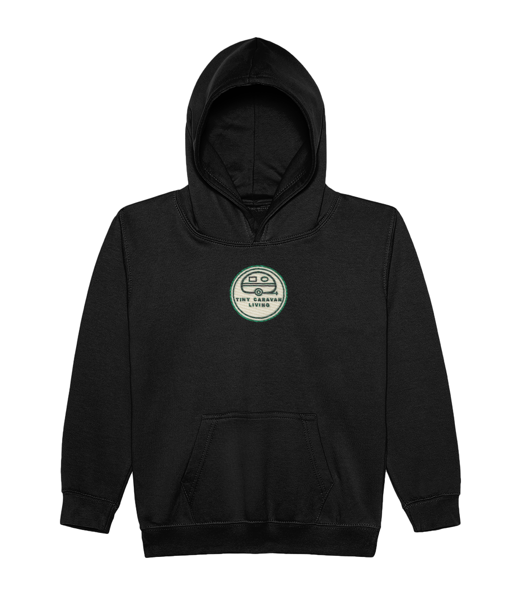 Tiny Caravan Living Kids’ Adventure Hoodie in black with embroidered Signature badge