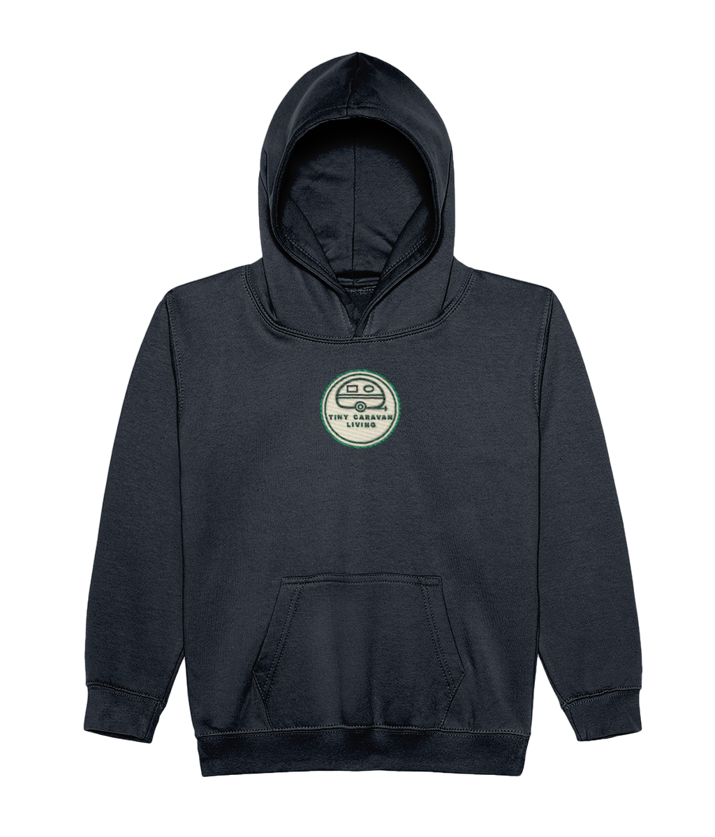 Tiny Caravan Living Kids’ Adventure Hoodie in French navy with embroidered Signature badge