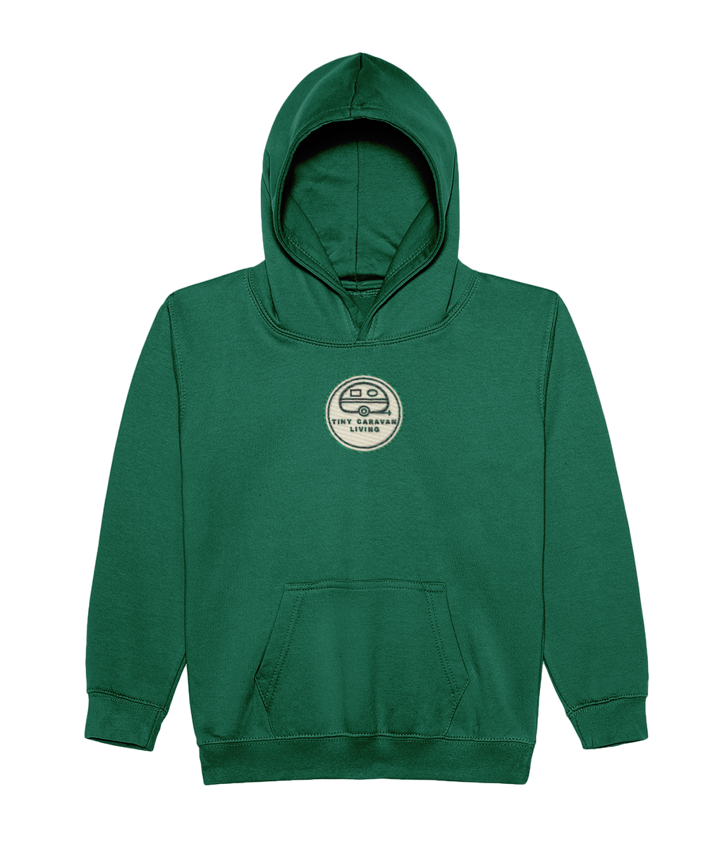 Tiny Caravan Living Kids’ Adventure Hoodie in rainforest green with embroidered Signature badge