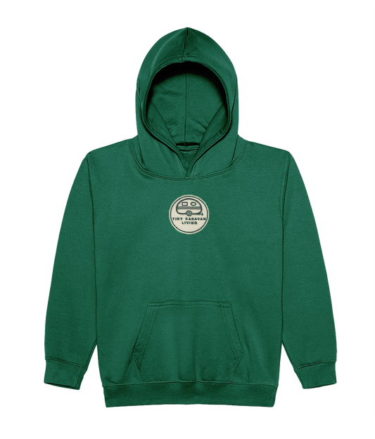 Tiny Caravan Living Kids’ Adventure Hoodie in rainforest green with embroidered Signature badge