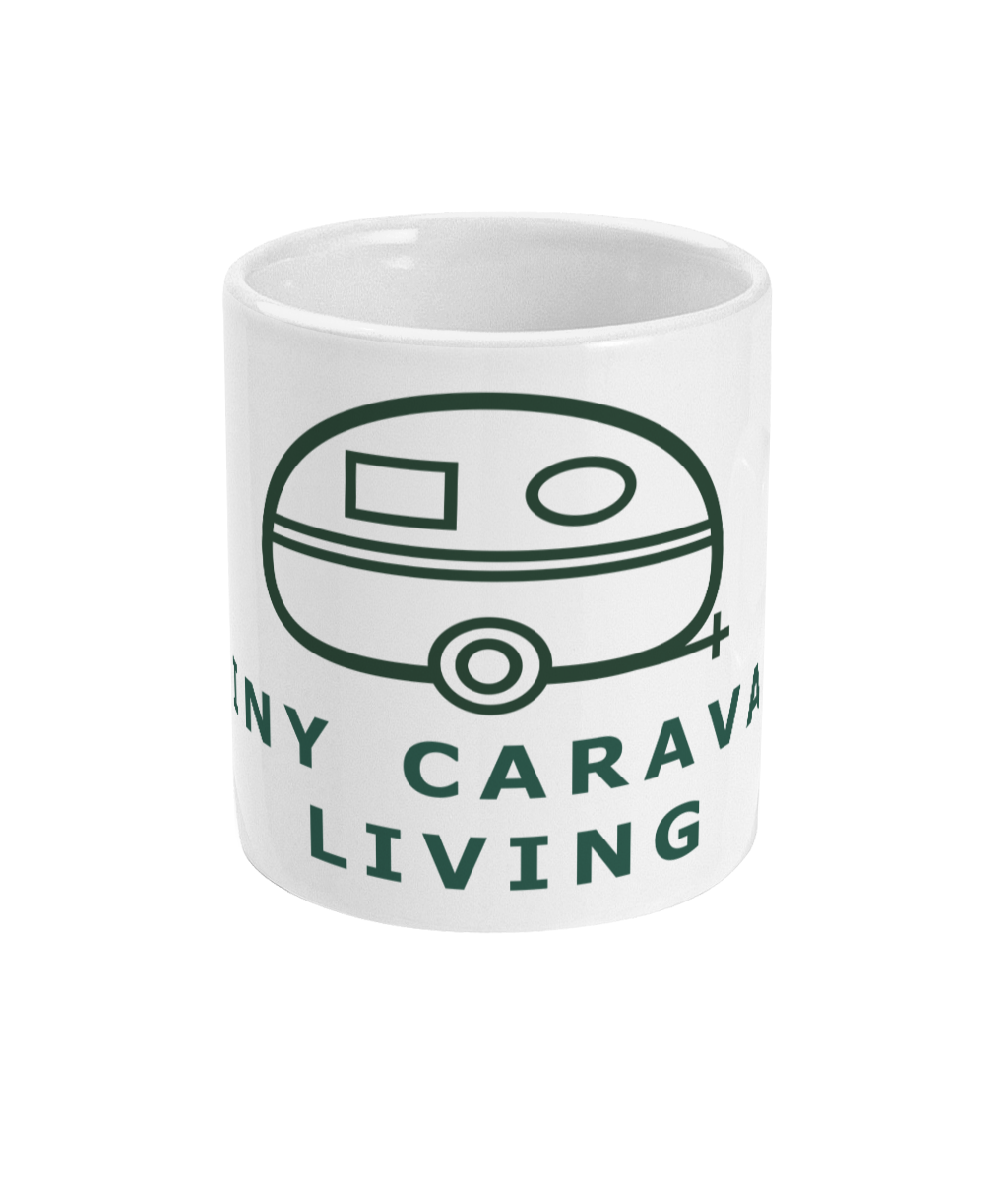 White ceramic mug with Tiny Caravan Living Logo