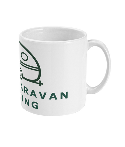 White Tiny Caravan Living logo ceramic mug with handle on the right