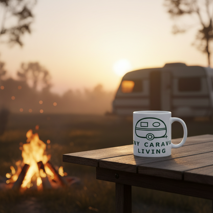 Tiny Caravan Living logo printed on a white ceramic mug