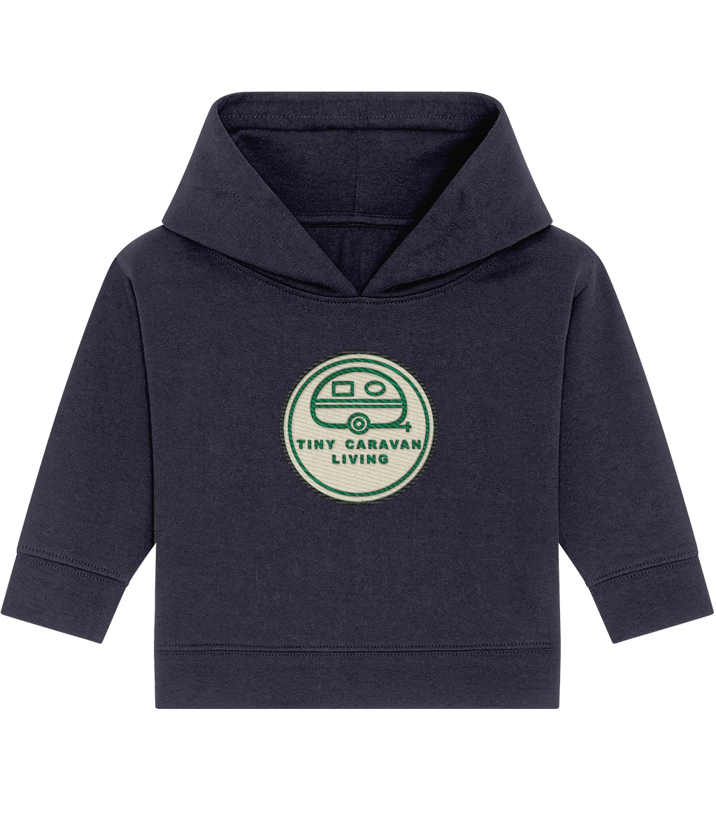 Tiny Caravan Living Signature Baby Hoodie in French Navy with embroidered badge