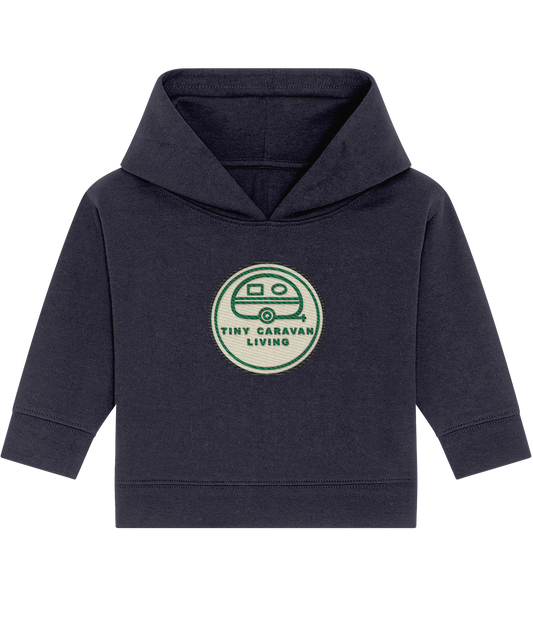Tiny Caravan Living Signature Baby Hoodie in French Navy with embroidered badge