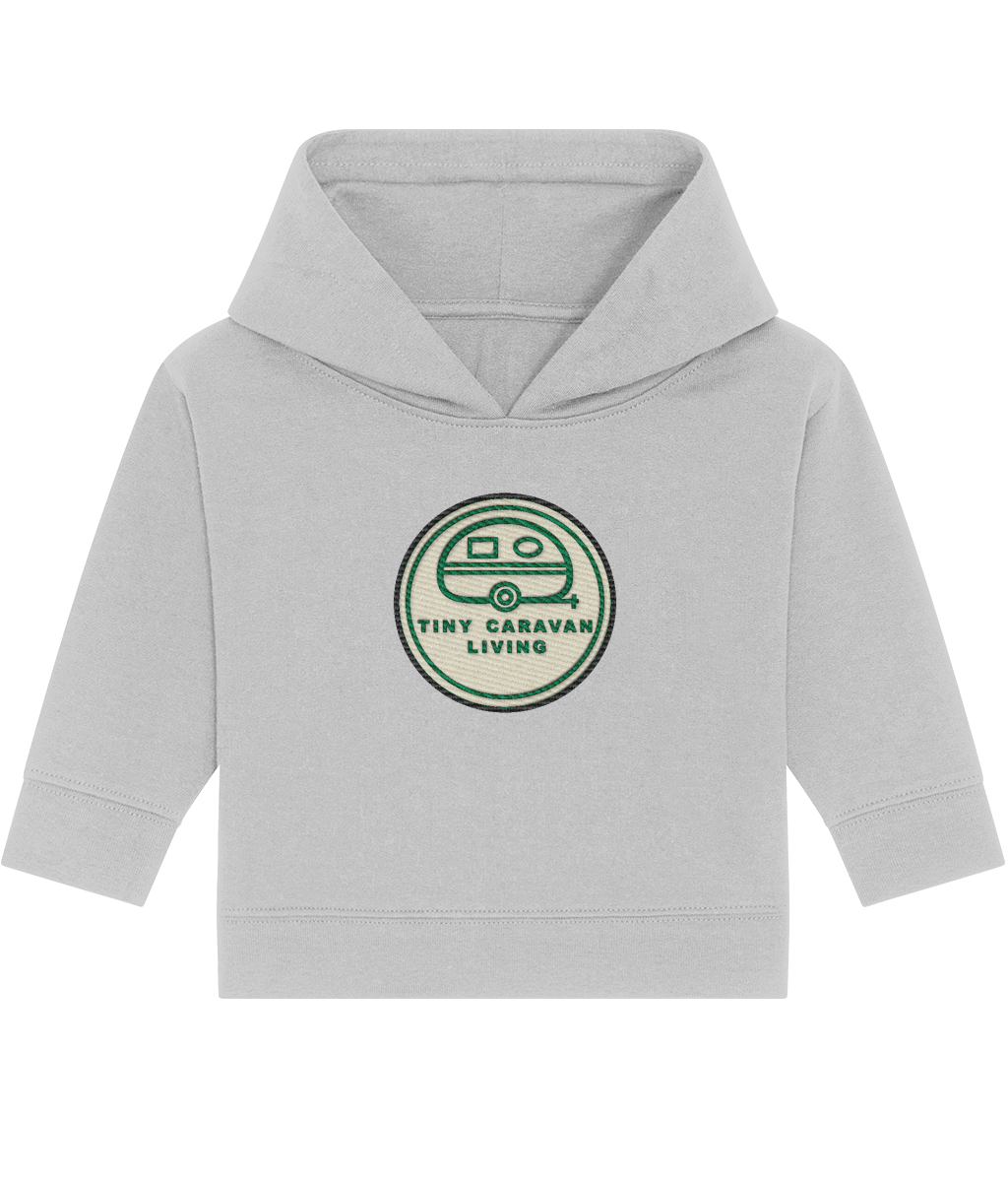 Tiny Caravan Living Signature Baby Hoodie in Heather Grey with embroidered badge