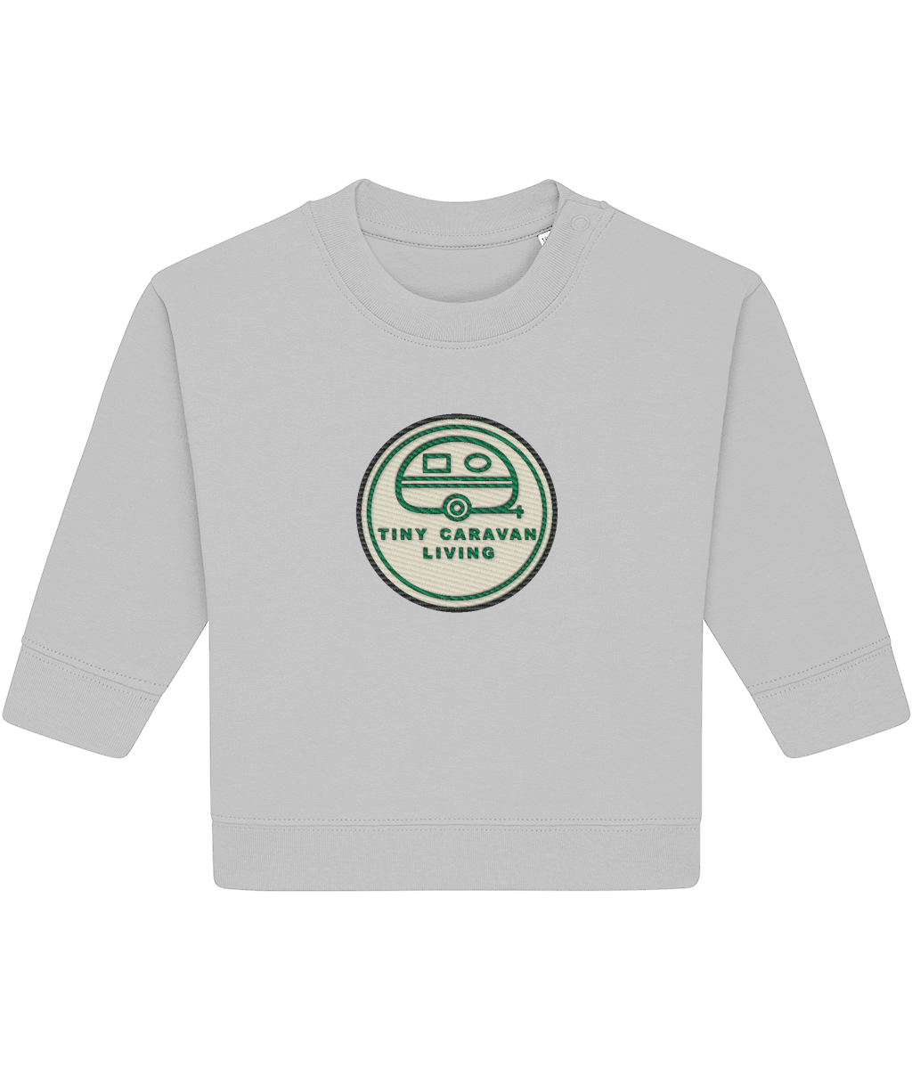 Tiny Caravan Living Signature Baby Sweatshirt in Heather Grey with embroidered badge