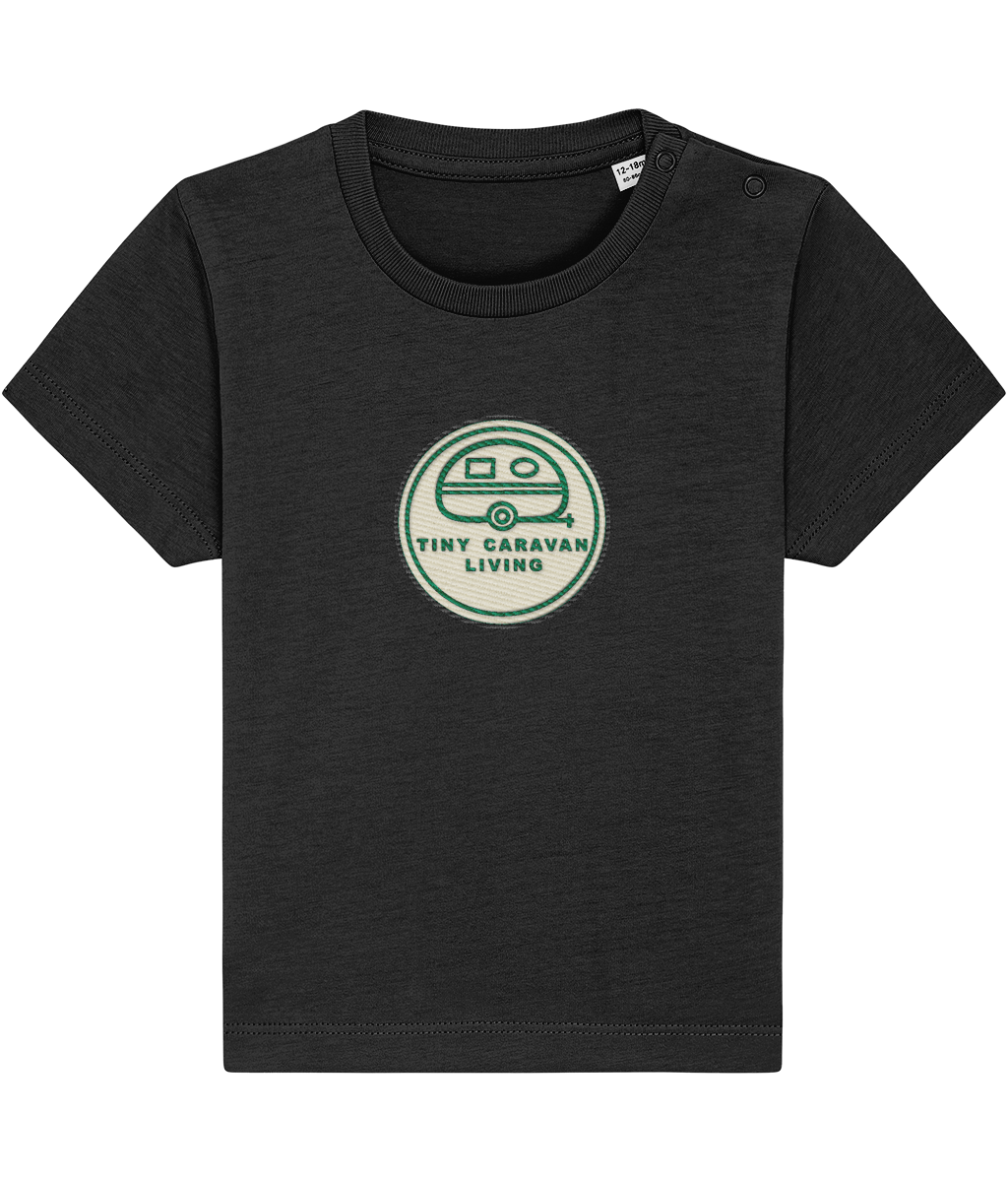 Tiny Caravan Living Signature Baby T-Shirt in Black with embroidered badge