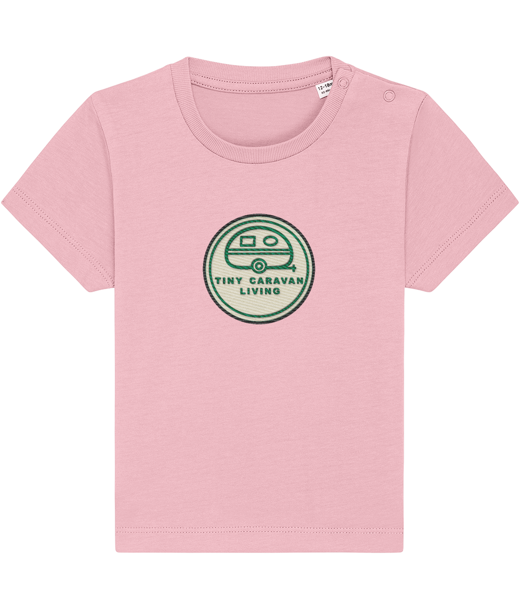 Tiny Caravan Living Signature Baby T-Shirt in Cotton Pink with embroidered badge