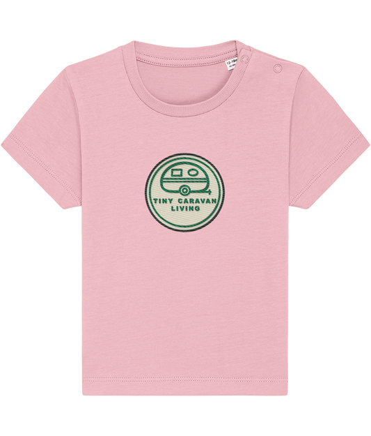Tiny Caravan Living Signature Baby T-Shirt in Cotton Pink with embroidered badge