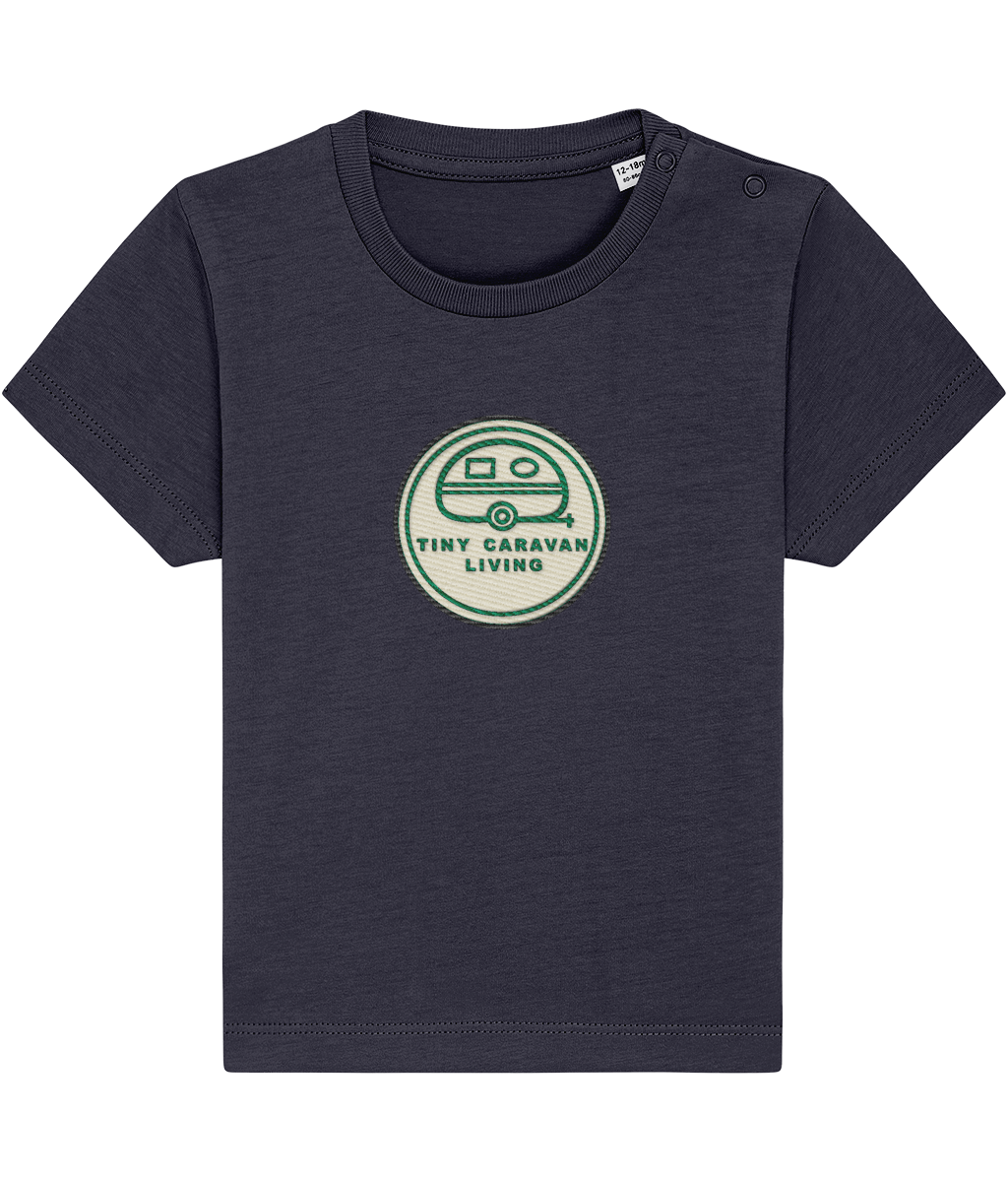 Tiny Caravan Living Signature Baby T-Shirt in French Navy with embroidered badge