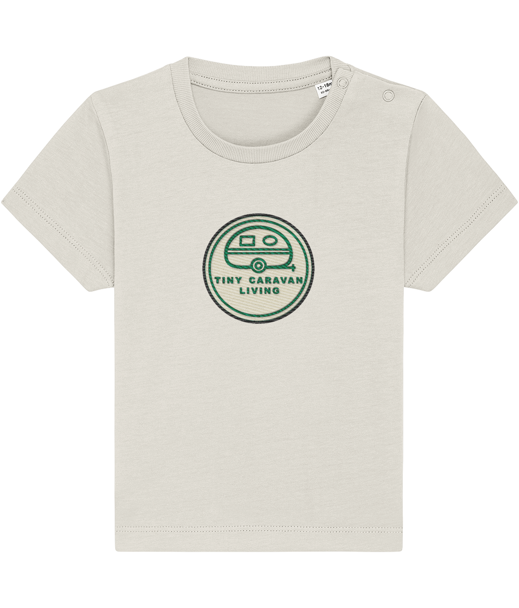 Tiny Caravan Living Signature Baby T-Shirt in Natural Raw with embroidered badge