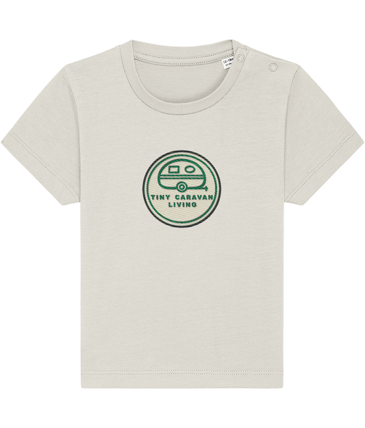 Tiny Caravan Living Signature Baby T-Shirt in Natural Raw with embroidered badge