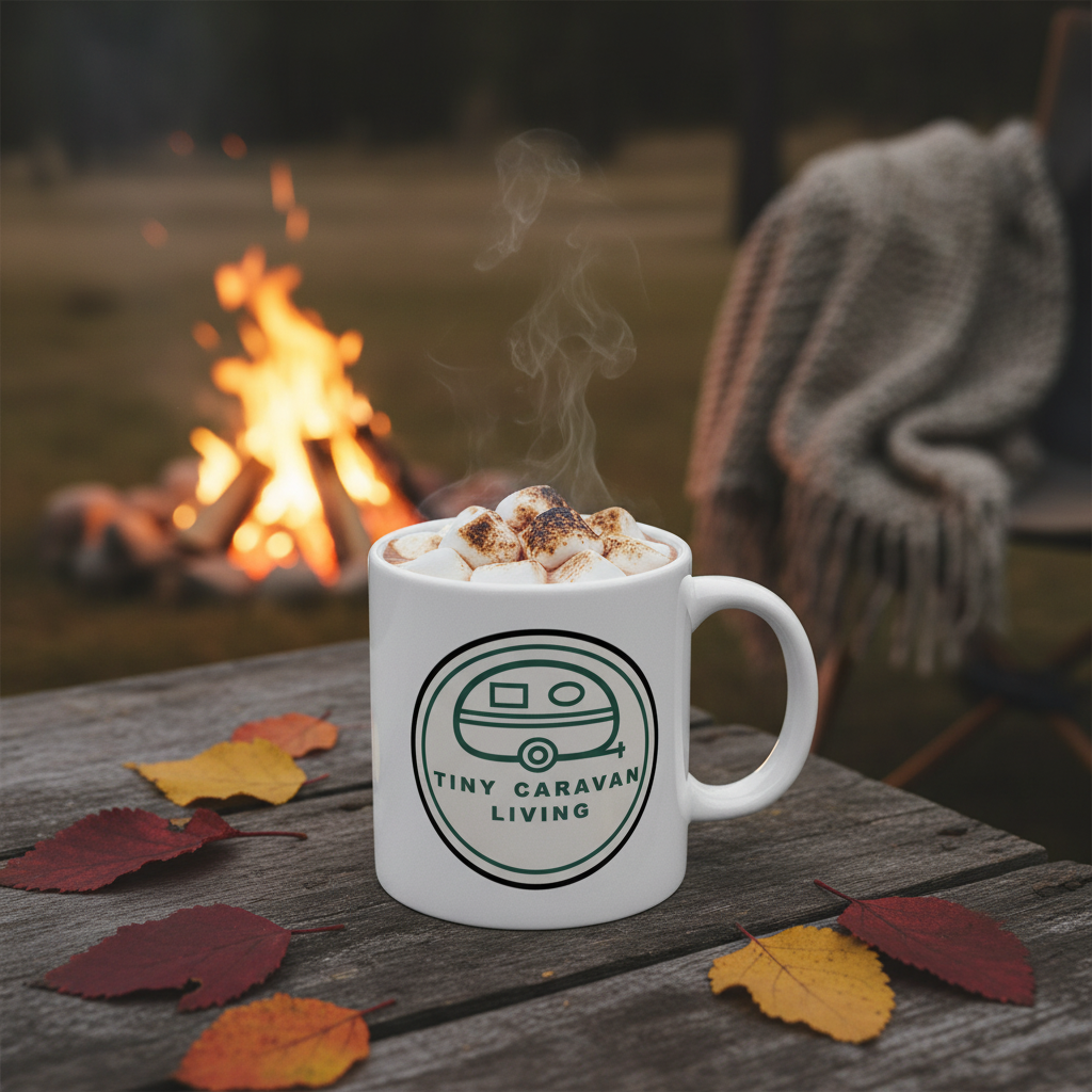 Tiny Caravan Living Signature Badge ceramic mug beside a campfire