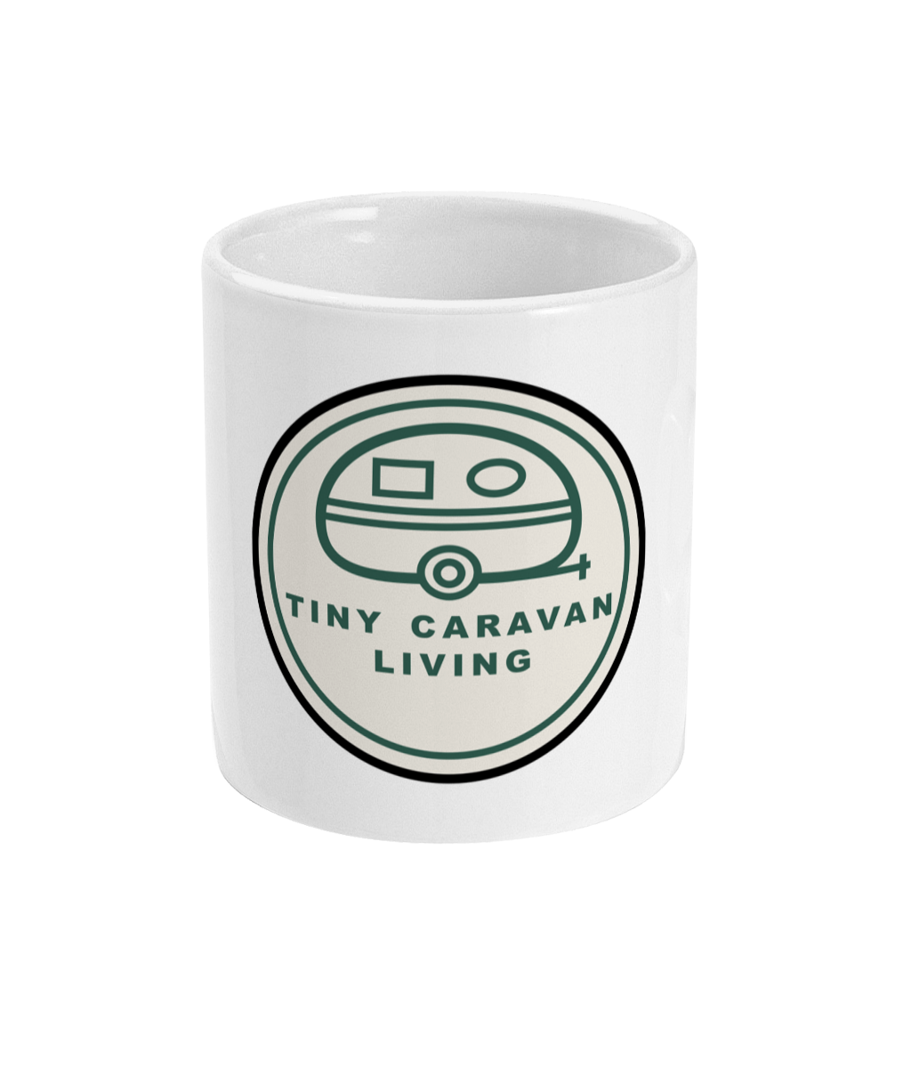 White ceramic mug with Tiny Caravan Living Signature Badge