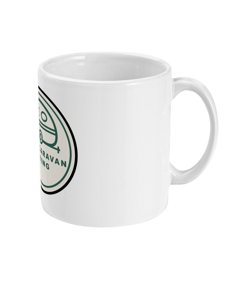 White Tiny Caravan Living Signature Badge ceramic mug with handle on the right