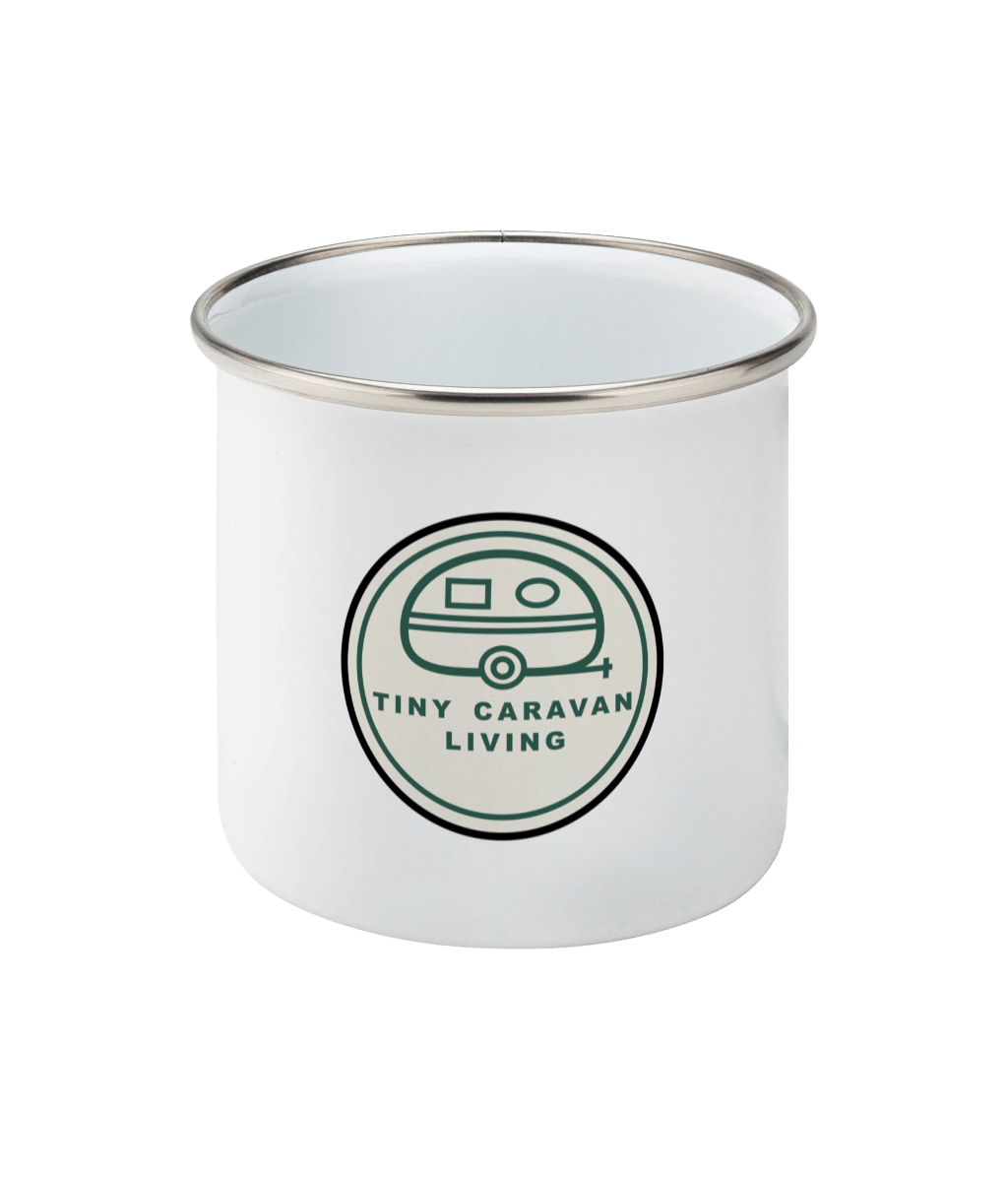 White Tiny Caravan Living Signature Badge enamel mug – front view