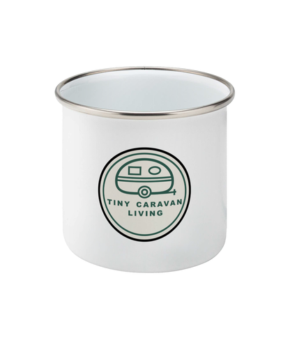 White Tiny Caravan Living Signature Badge enamel mug – front view
