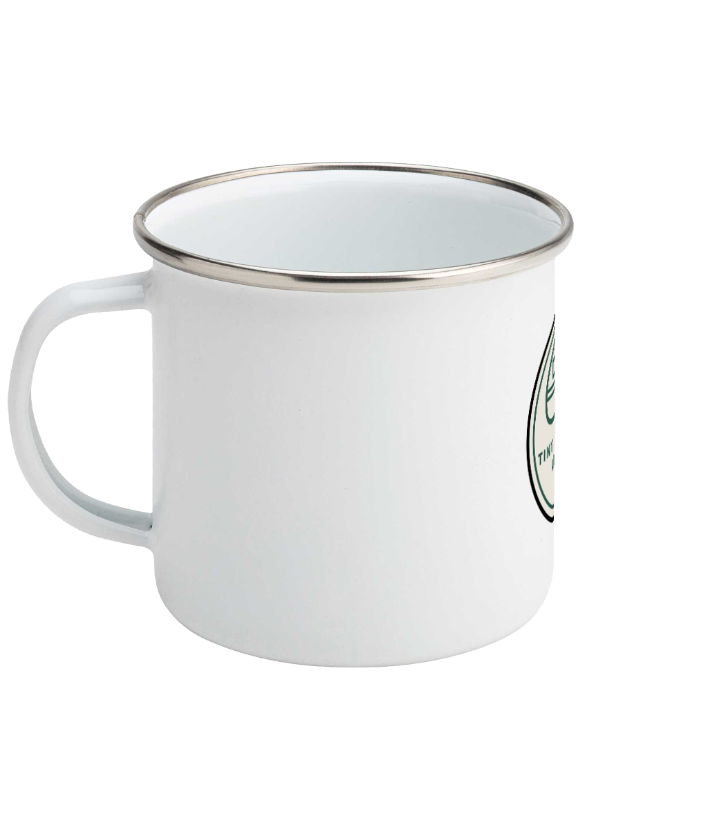 White Tiny Caravan Living Signature Badge enamel mug with handle on the left
