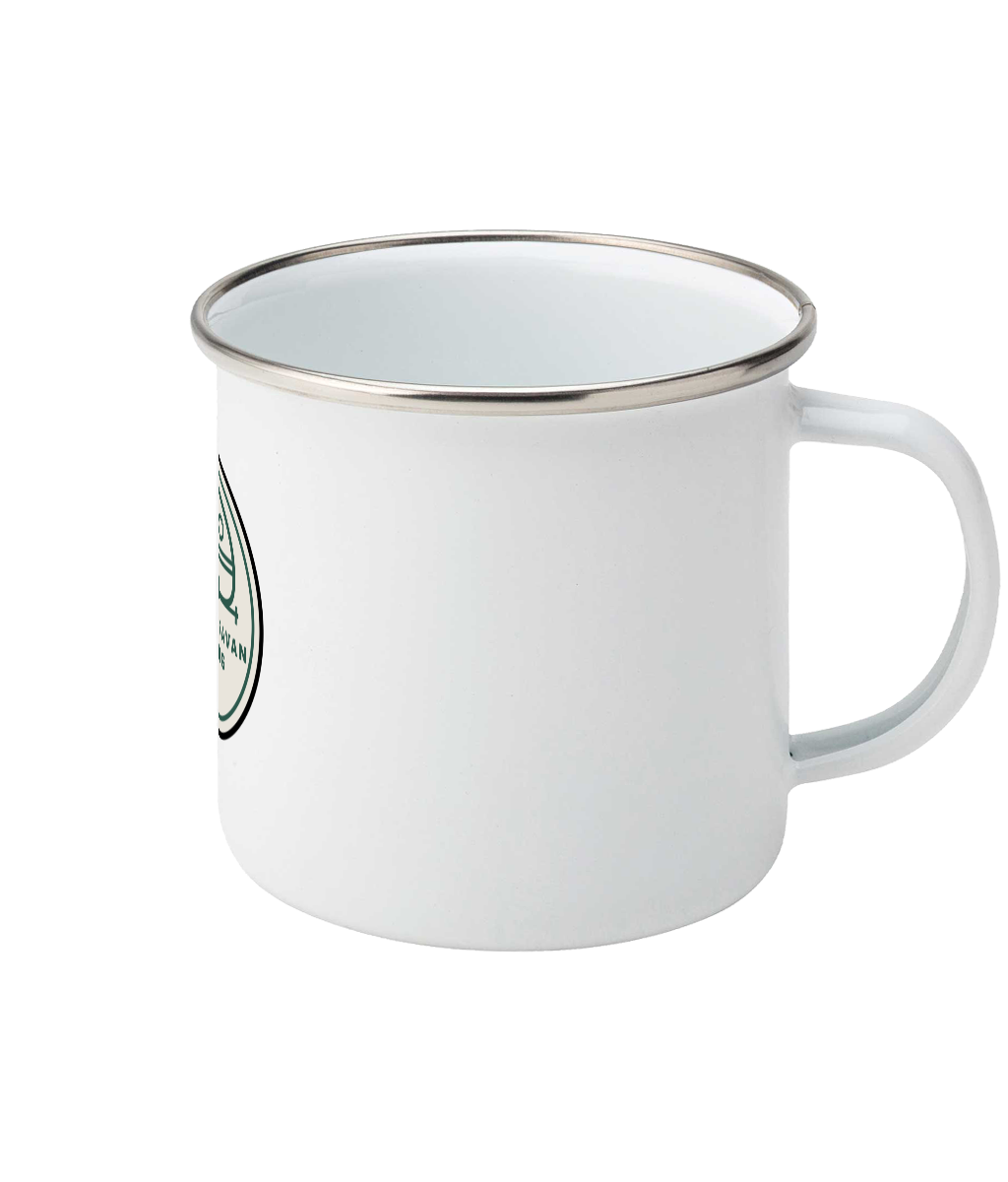 White Tiny Caravan Living Signature Badge enamel mug with handle on the right