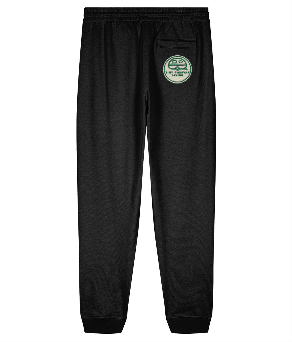 Rear view of Tiny Caravan Living Signature Joggers in Black with embroidered badge on the right pocket