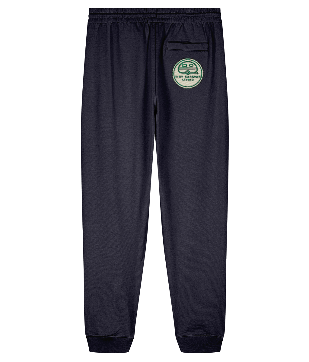 Rear view of Tiny Caravan Living Signature Joggers in French Navy with embroidered badge on the right pocket